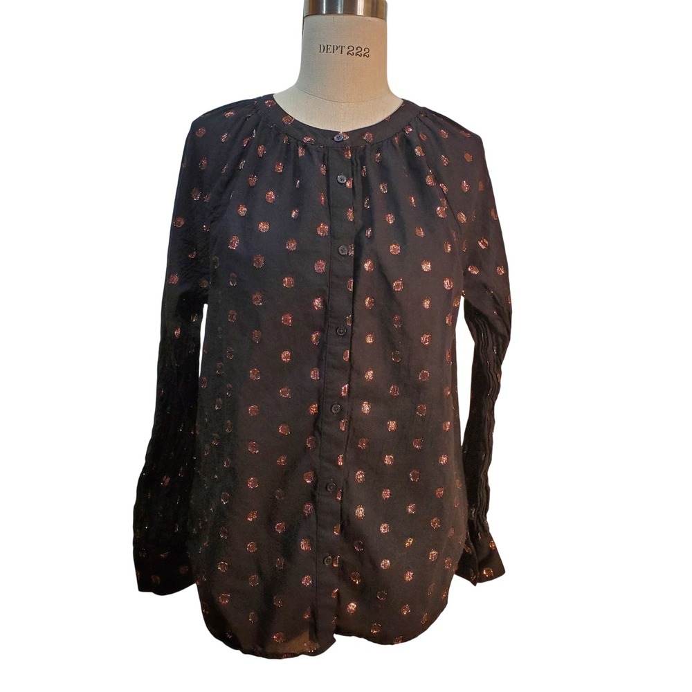 LOFT Outlet Blouse Top Rose Gold Metallic Dot‎ Sheer Button Down Long Sleeve M
